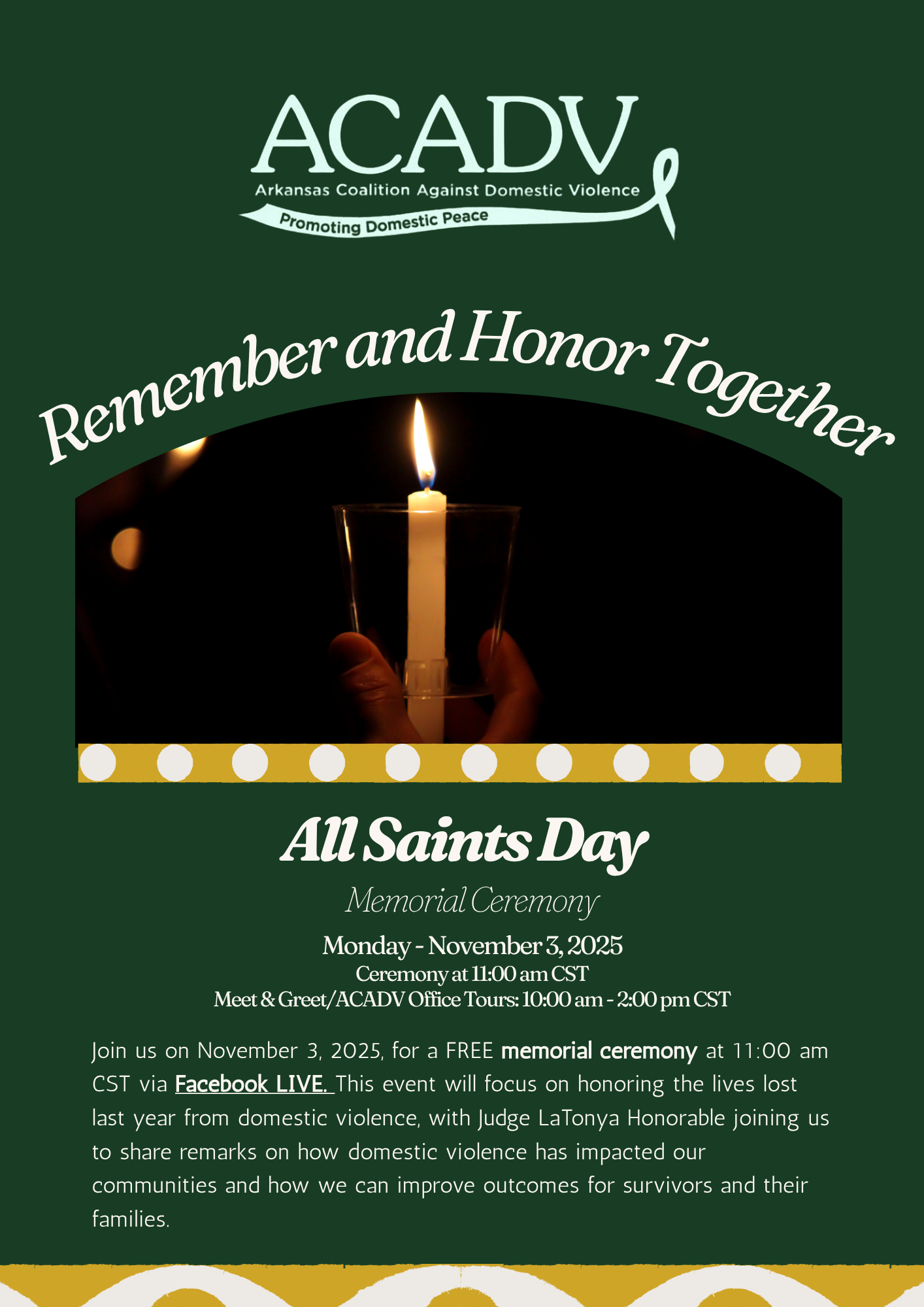 A hand holds a lit candle against a dark background. The image promotes an All Saints Day memorial ceremony by the Arkansas Coalition Against Domestic Violence, scheduled for November 3, 2025.