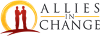 Logo showing two red human figures shaking hands inside a yellow circle, with the words ALLIES IN CHANGE in bold capital letters to the right of the image.