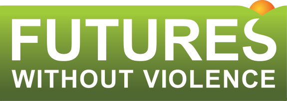 Logo with the words Futures Without Violence in bold white text on a green background, with a small orange sun rising in the top right corner.