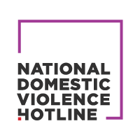 Logo for the National Domestic Violence Hotline with a minimalist purple line design forming an incomplete square around the bold black text.