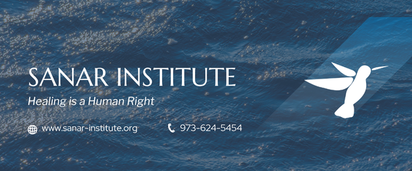 Sanar Institute banner with the text Healing is a Human Right, a white hummingbird logo, website link, phone number, and a blue water background.