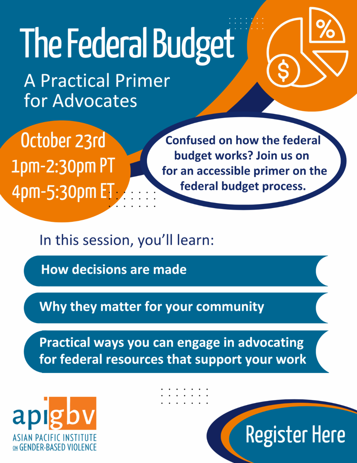 Informational flyer titled The Federal Budget: A Practical Primer for Advocates with event details for October 23rd, 1-2:30pm PT/4-5:30pm ET, describing learning topics and a Register Here button.