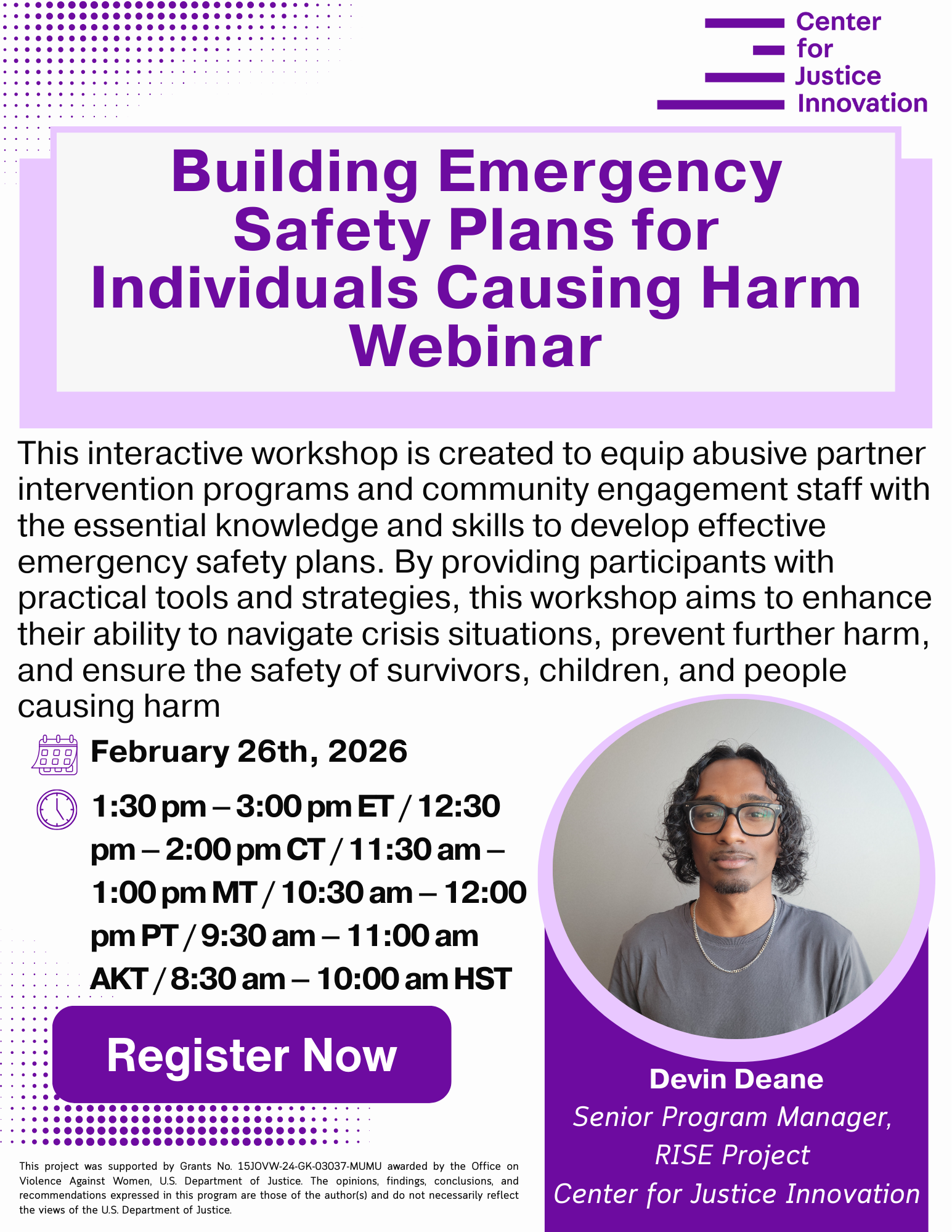 Promotional flyer for a webinar titled “Building Emergency Safety Plans for Individuals Causing Harm,” hosted by Center for Justice Innovation on February 26, 2026, with Devin Deane as the speaker. Includes event times, description, and registration info.