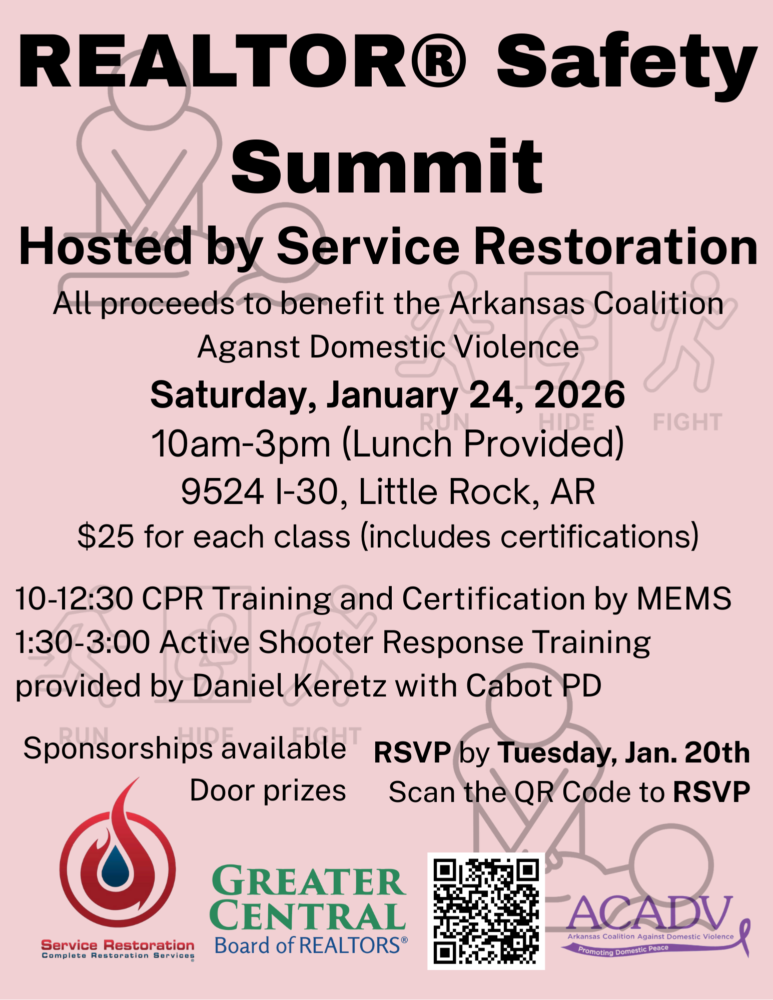 Flyer for the REALTOR® Safety Summit, hosted by Service Restoration, on January 24, 2026, in Little Rock, AR. Features event details, schedule, costs, RSVP deadline, and sponsor logos on a pink background.