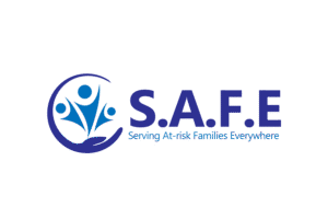 Logo for S.A.F.E with stylized blue figures representing a family inside a curved hand. The text reads S.A.F.E with Serving At-risk Families Everywhere below it.