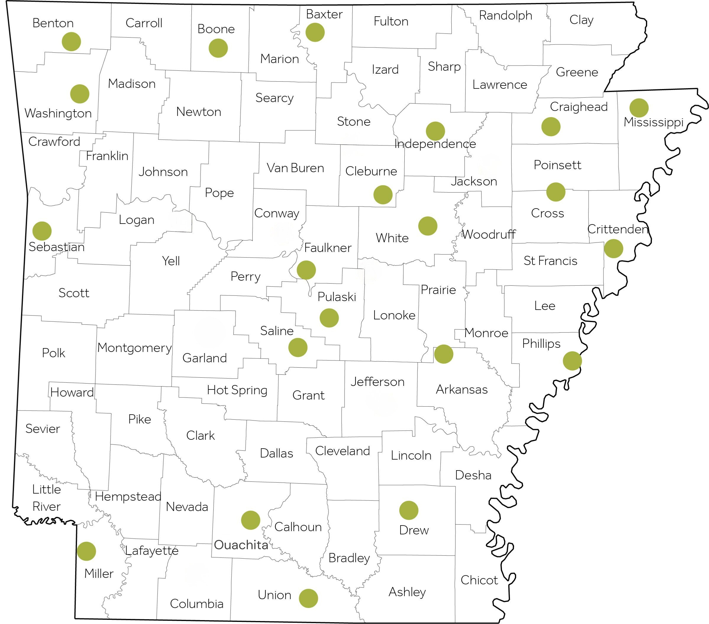 Map of Arkansas counties with green dots placed in various counties across the state, highlighting specific locations but not labeled with additional information.