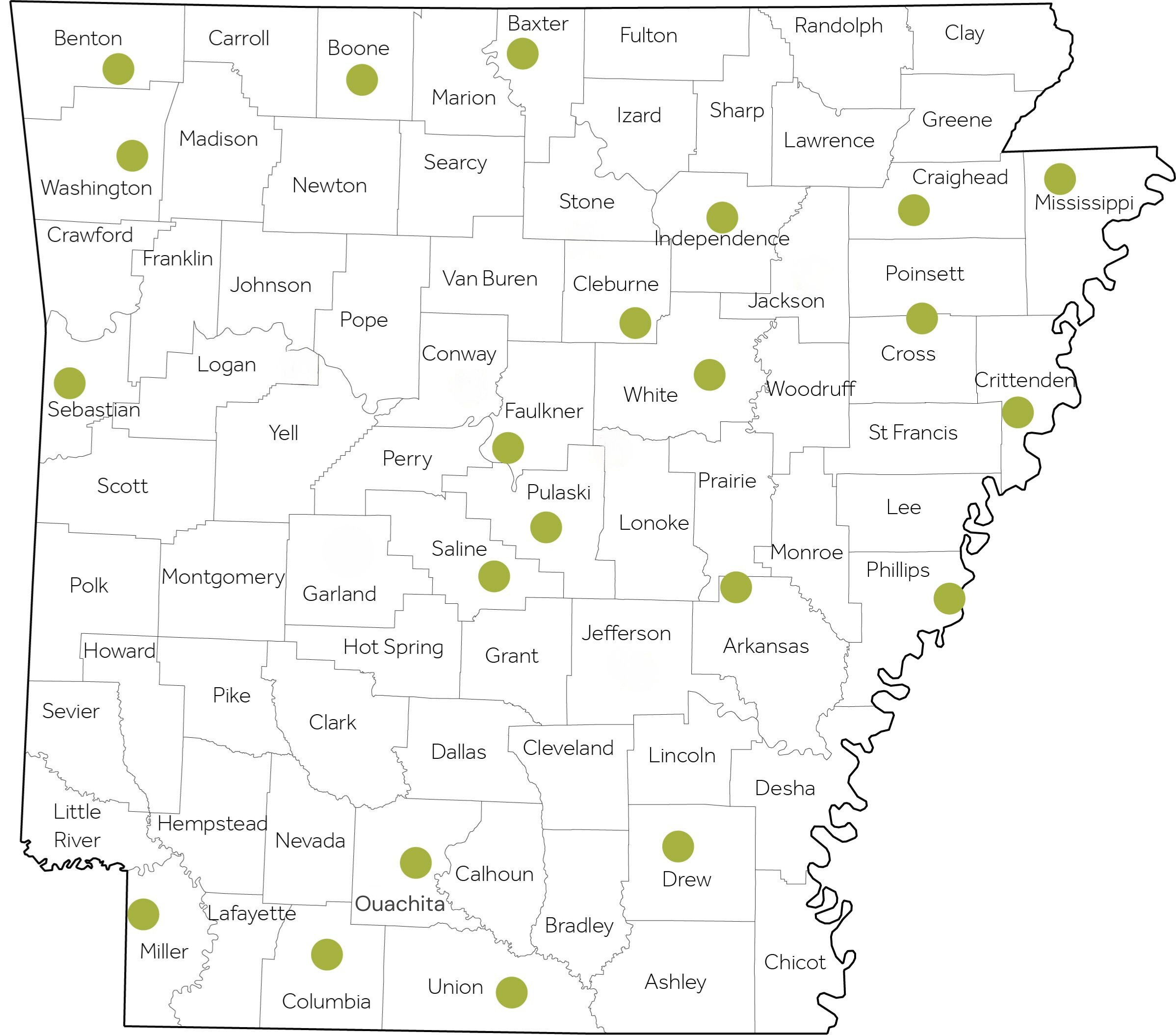 A map of Arkansas counties with green dots indicating specific locations scattered throughout various counties across the state. County borders and names are shown.