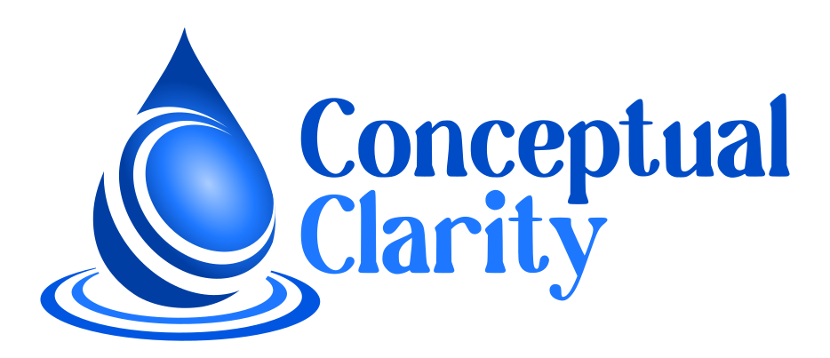 Blue and white logo with a stylized water droplet and ripple effect on the left, beside the words “Conceptual Clarity” in bold, blue font on a light background.