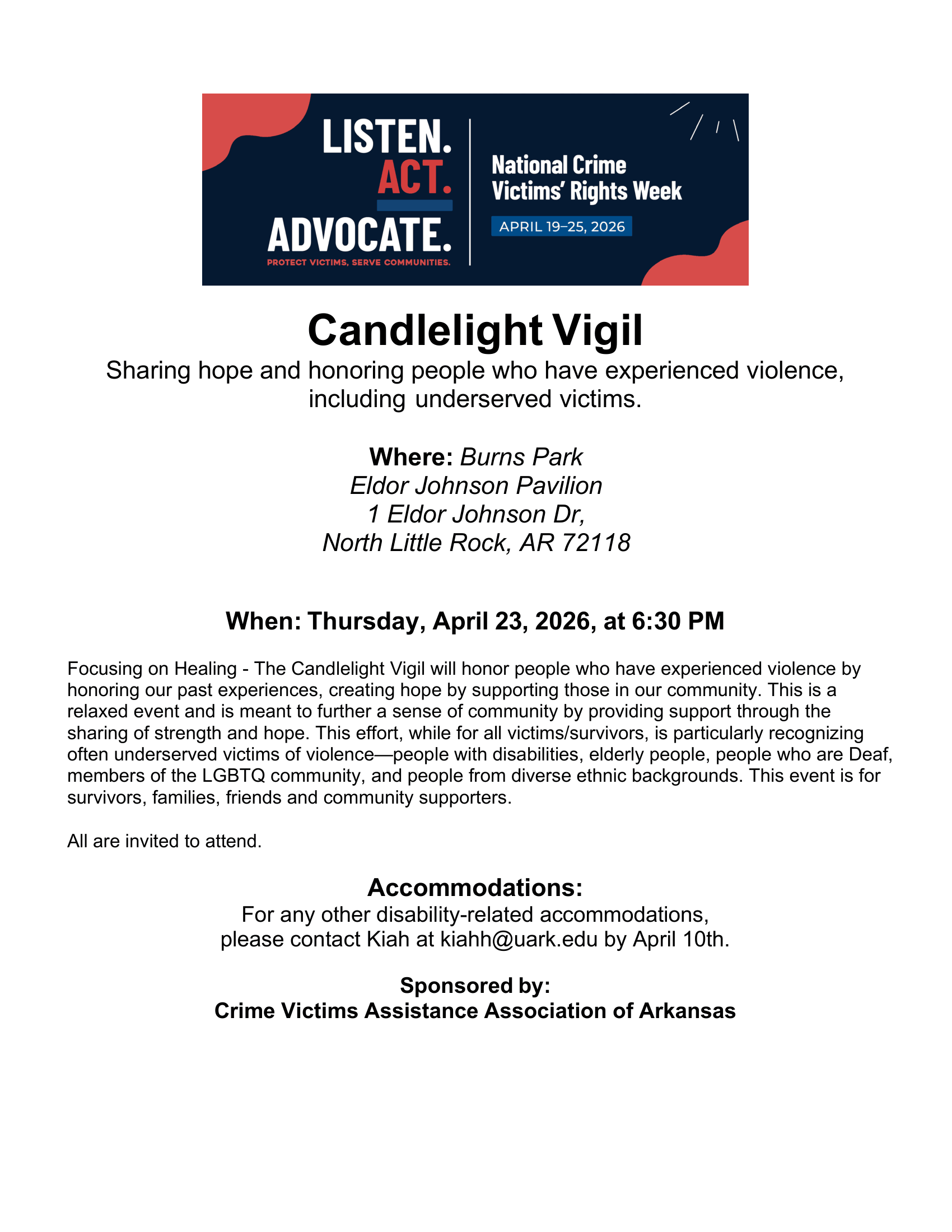 Flyer for a candlelight vigil on April 23, 2026, at Burns Park, honoring victims of violence, with event time, location, a description, accommodation info, and sponsor logos for National Crime Victims’ Rights Week and Arkansas CVAA.