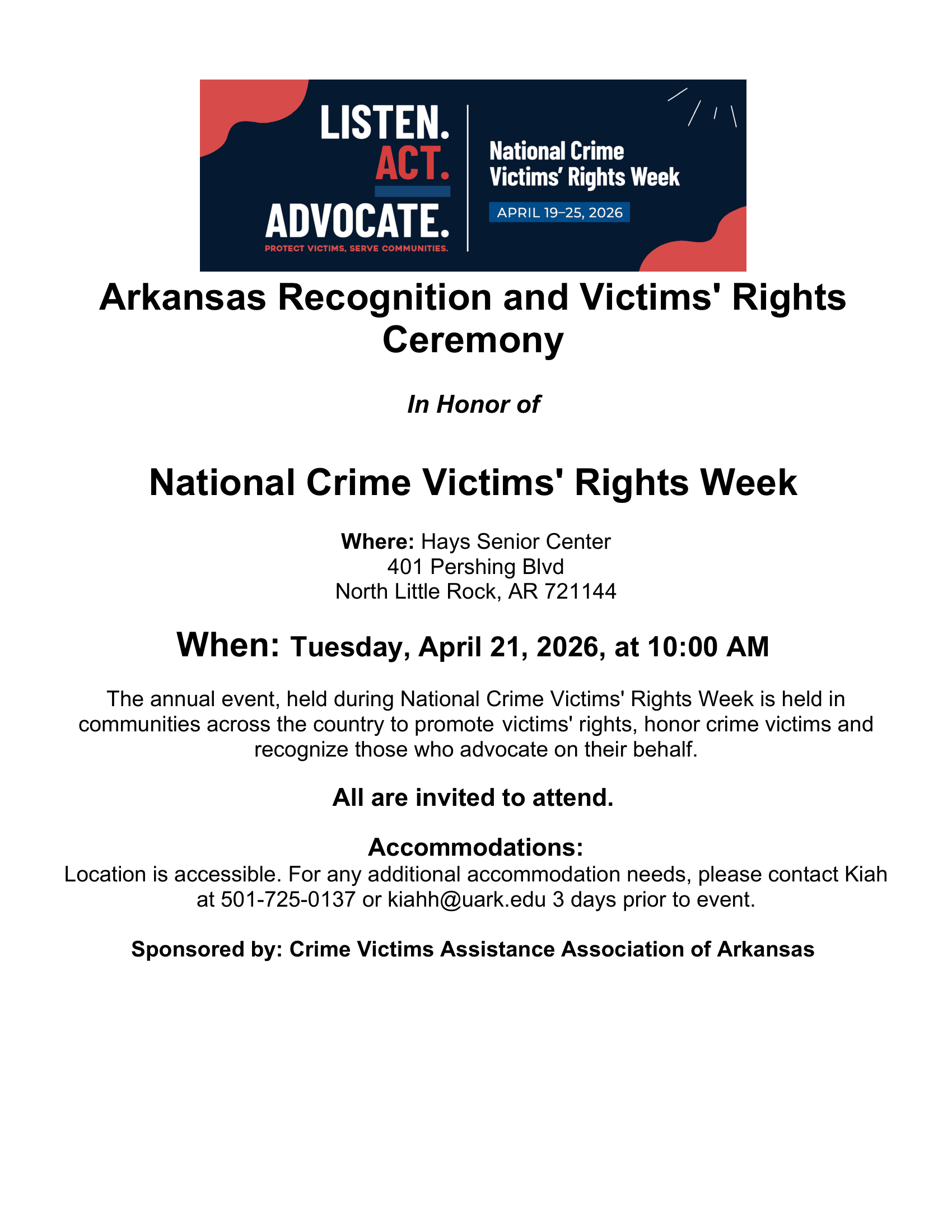 Flyer for the Arkansas Recognition and Victims Rights Ceremony honoring National Crime Victims’ Rights Week, with event details: April 21, 2026, 10 AM, at Hays Senior Center, North Little Rock, and contact info for accommodations.
