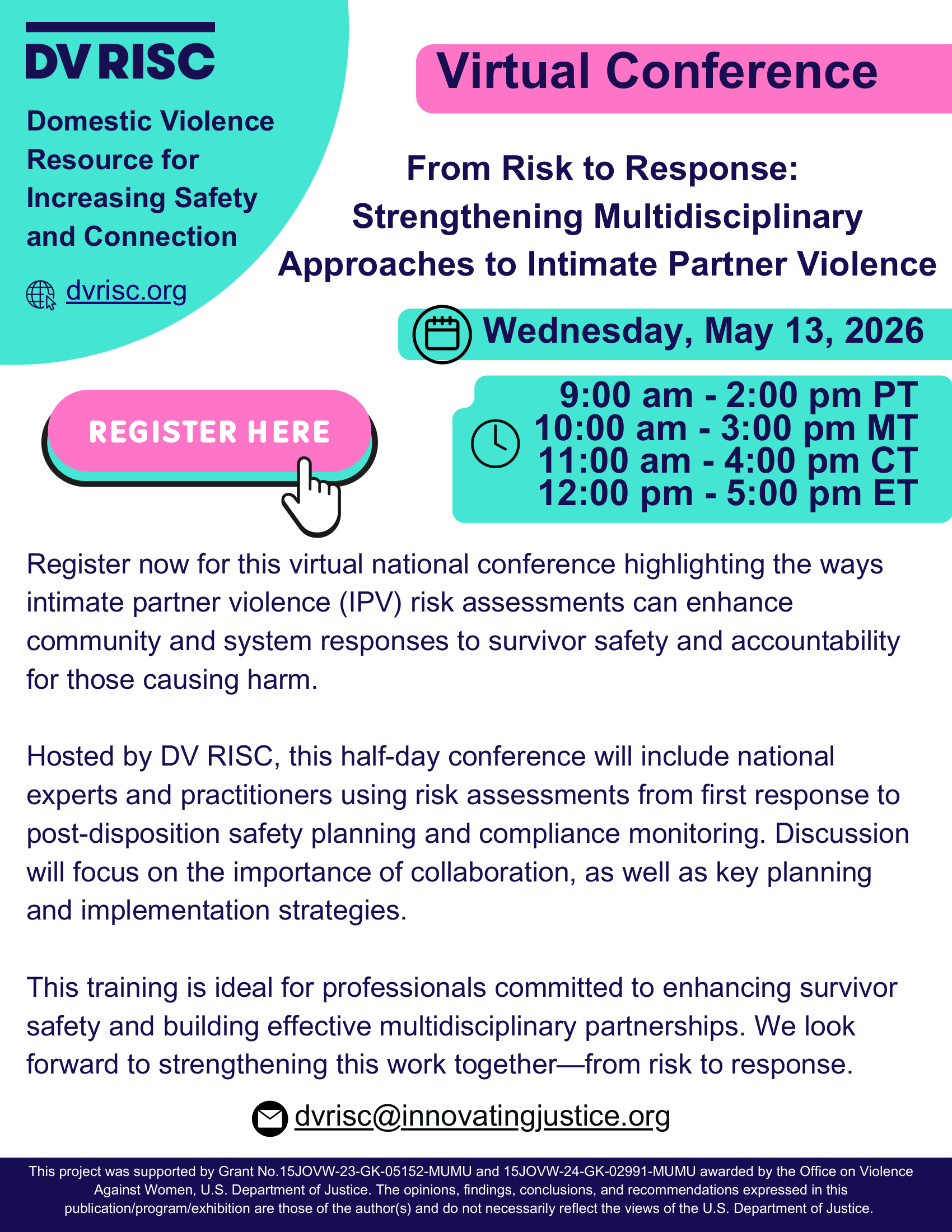Flyer for a virtual conference, From Risk to Response: Strengthening Multidisciplinary Approaches to Intimate Partner Violence, on May 13, 2026, by DV RISC, with session times, details, and registration button.