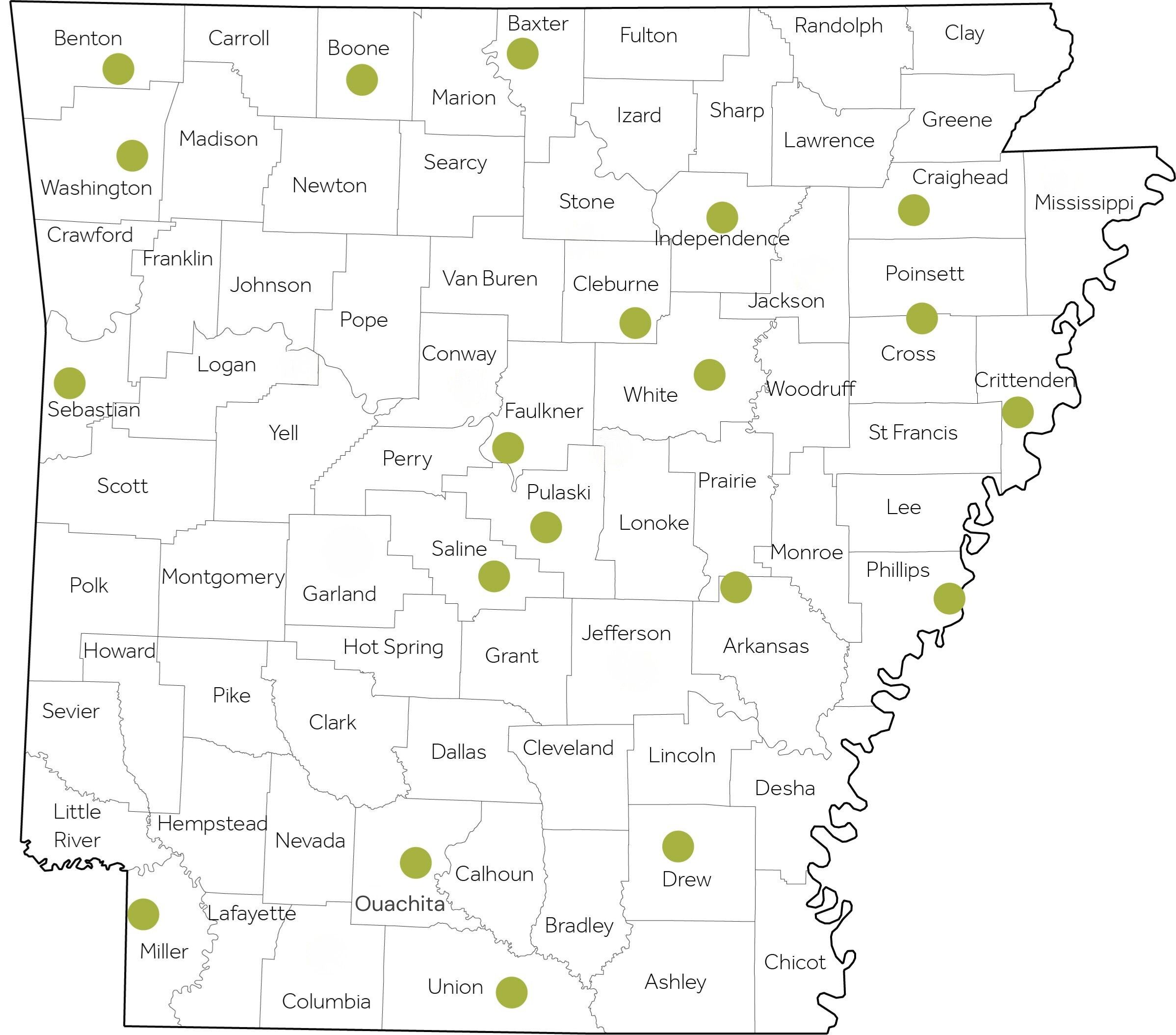 A map of Arkansas counties labeled by name, with 20 green dots scattered across various counties, indicating specific locations or points of interest. No other symbols or text are present.