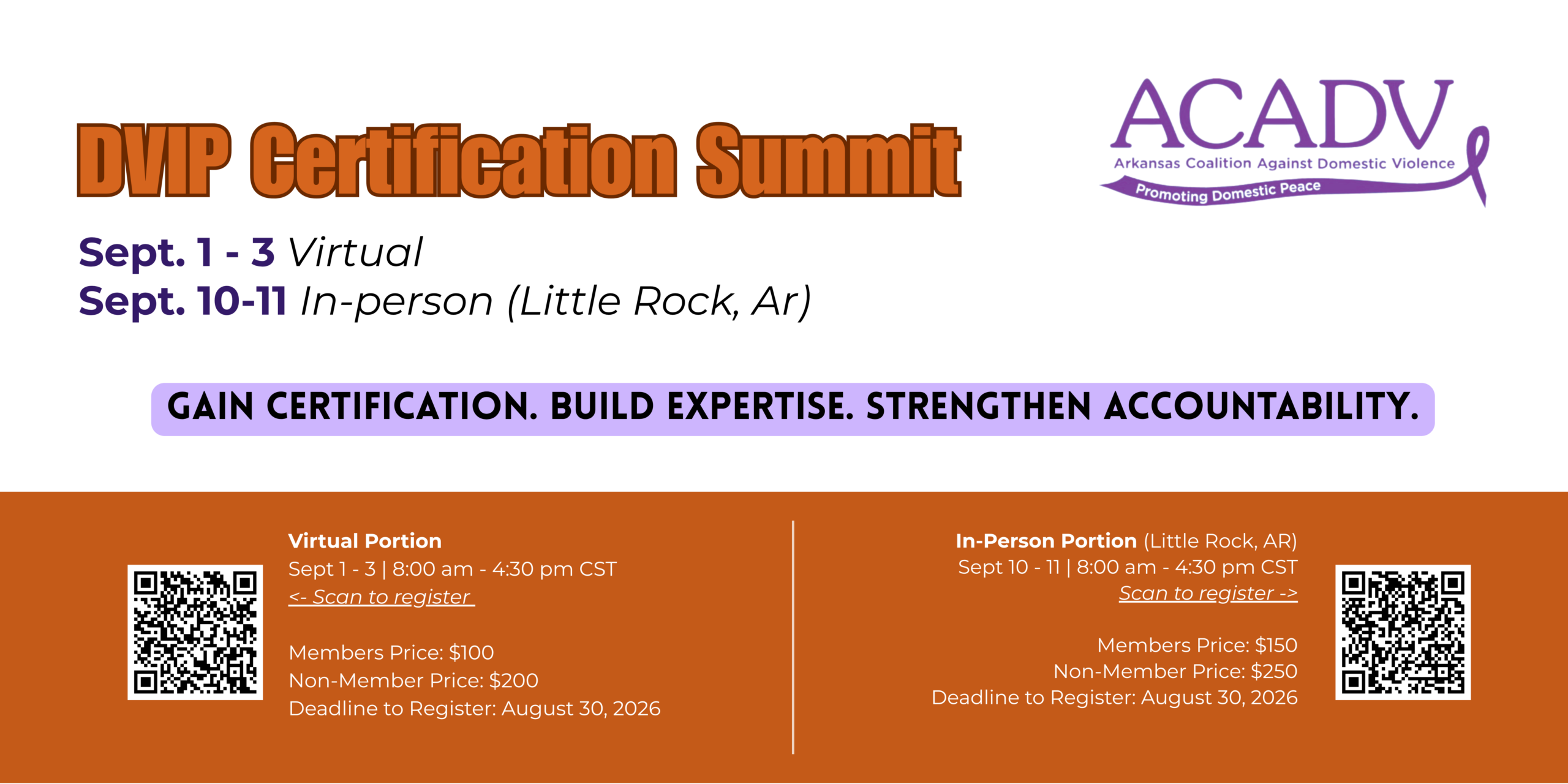 Graphic for the DVIP Certification Summit by ACADV, detailing virtual dates (Sept 1-3) and in-person dates (Sept 10-11, Little Rock, AR), registration info, fees, and a call to build expertise and accountability.