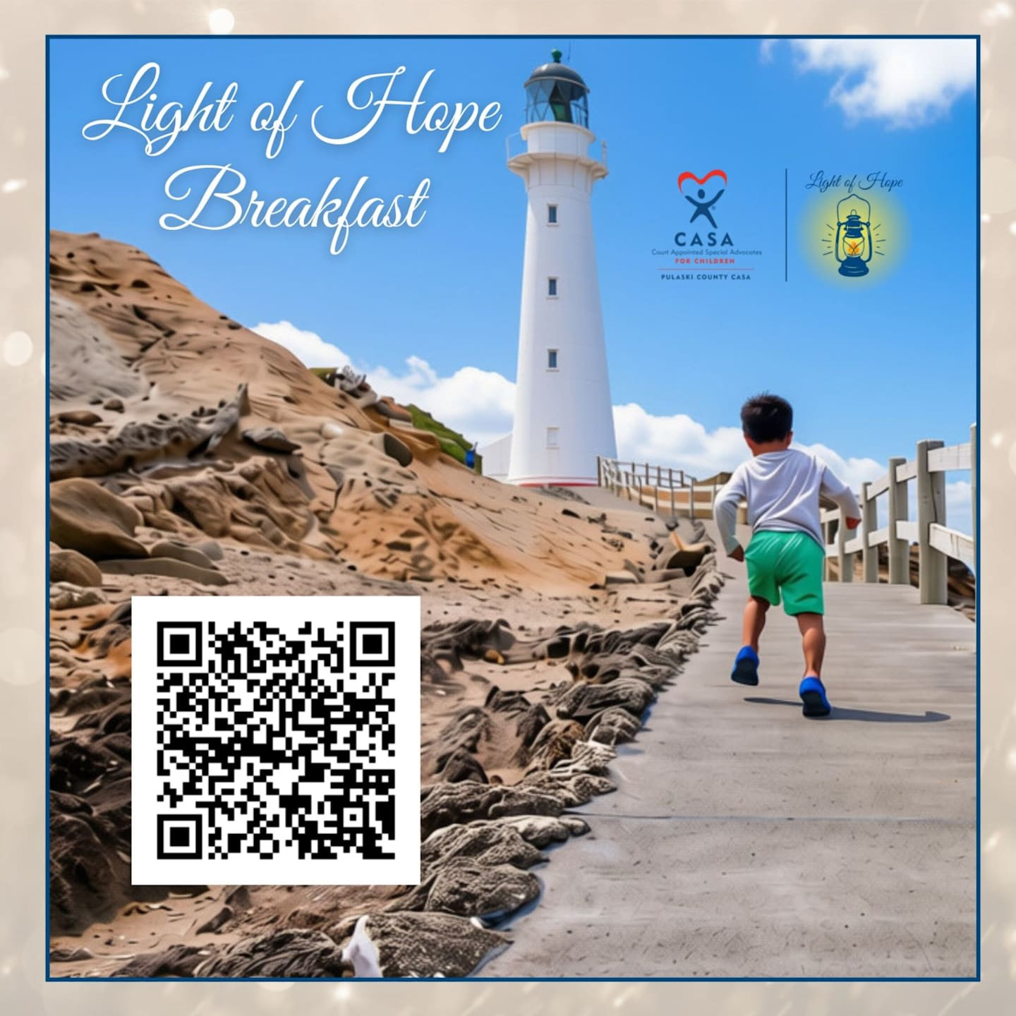 A young child runs along a wooden boardwalk toward a lighthouse, with a QR code and event text for the Light of Hope Breakfast hosted by CASA Pulaski County.