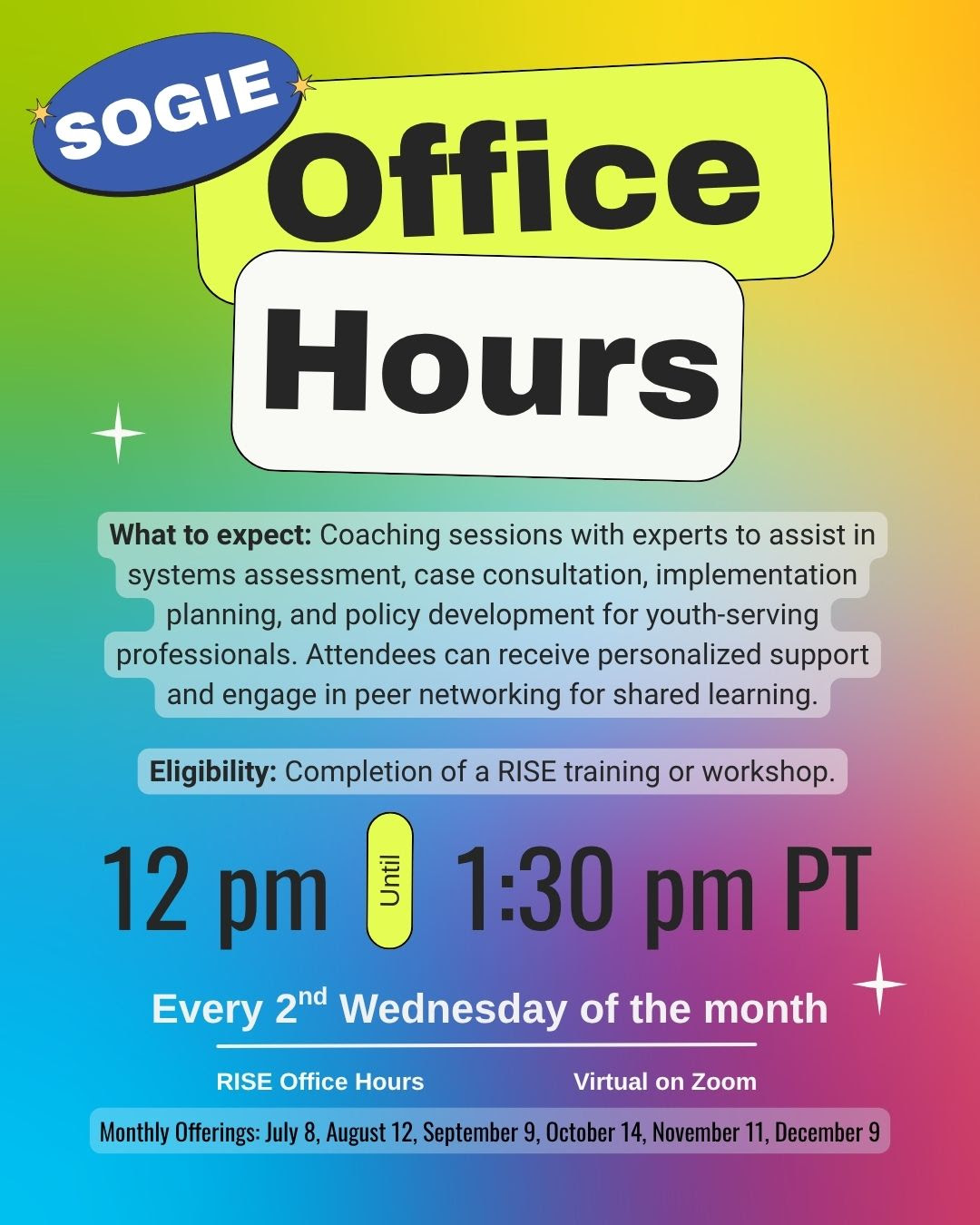 Flyer for monthly SOGIE Office Hours held on Zoom every second Wednesday, featuring expert coaching for youth-serving professionals who have completed RISE training, with session dates listed from July through December.